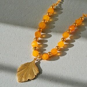 Gold Leaf Pendant Necklace with Yellow Natural Stone Beads